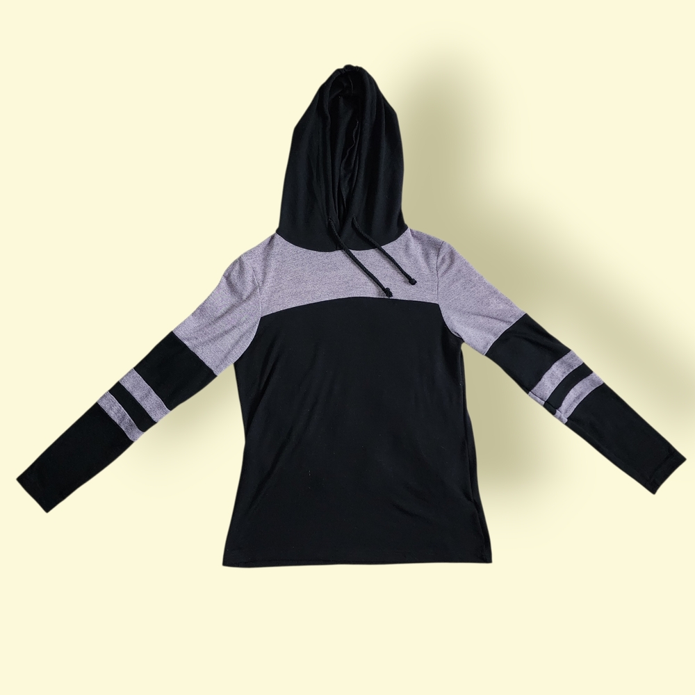 Black and Lavender Hooded Long Sleeve Top